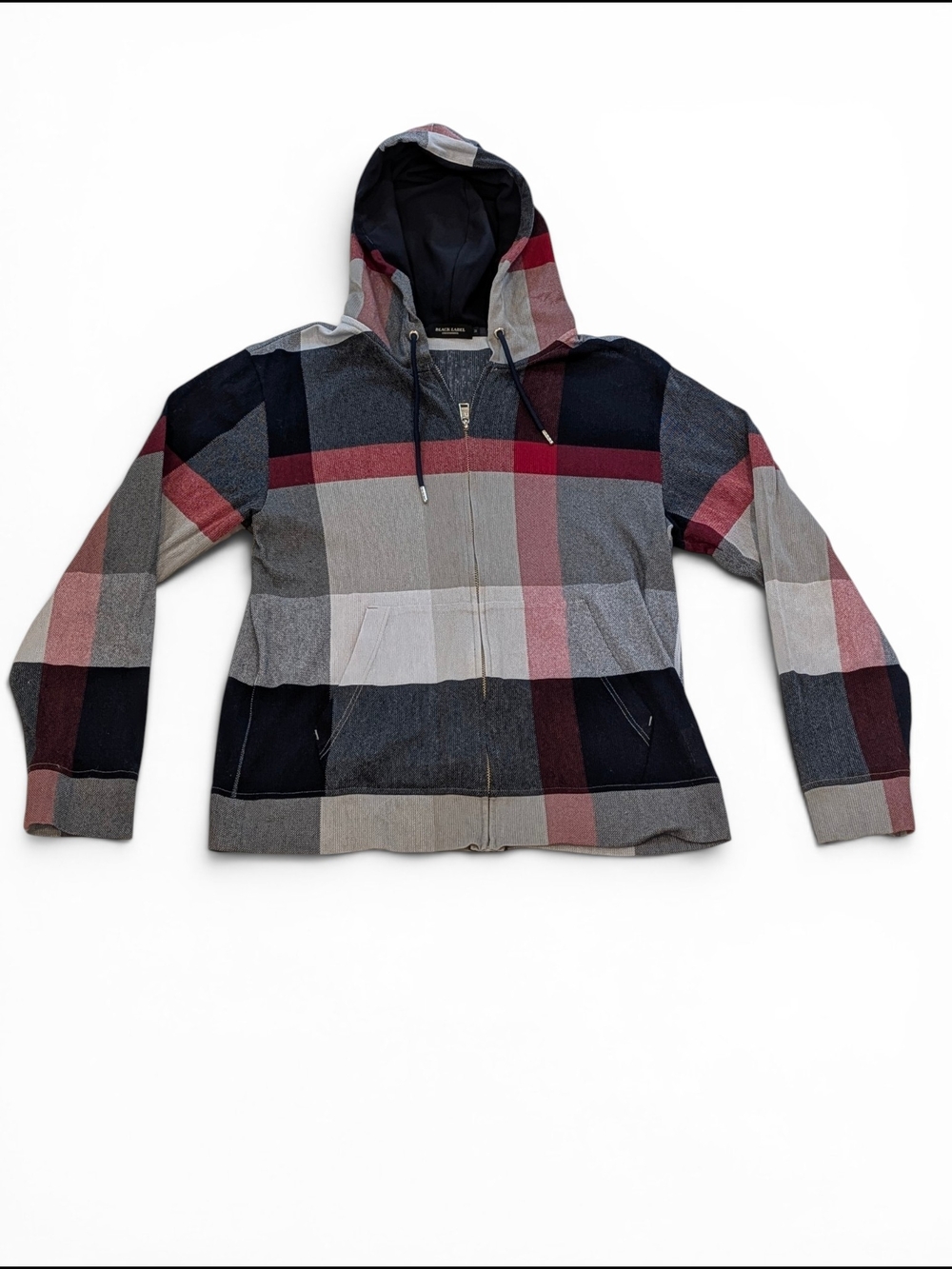 Black Label Crestbridge Plaid Hooded Zip Jacket in Black, Gray & Burgundy Size M